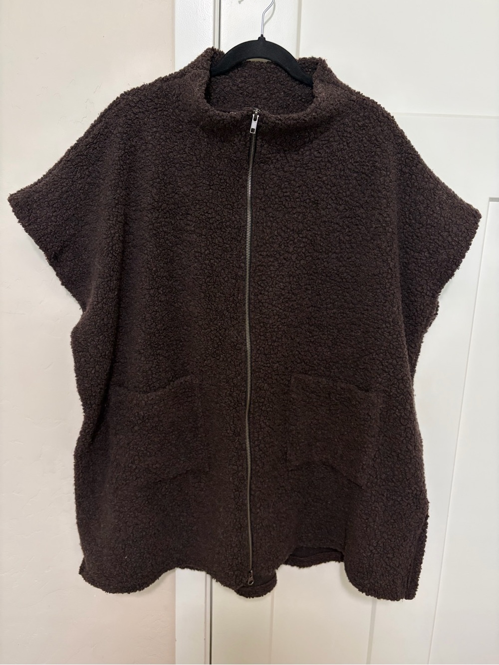 Bryn Walker Pip Wool Blend Boucle Funnel Neck Short Sleeve Poncho Brown Size XXS